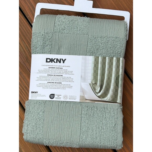 DKNY Fabric Shower Curtain Green Checkerboard Jacquard Textured New - Picture 2 of 4